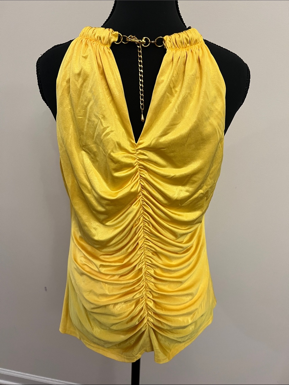 Cache Yellow Ruched Halter Tank with Gold Chain Detail - Picture 4 of 9